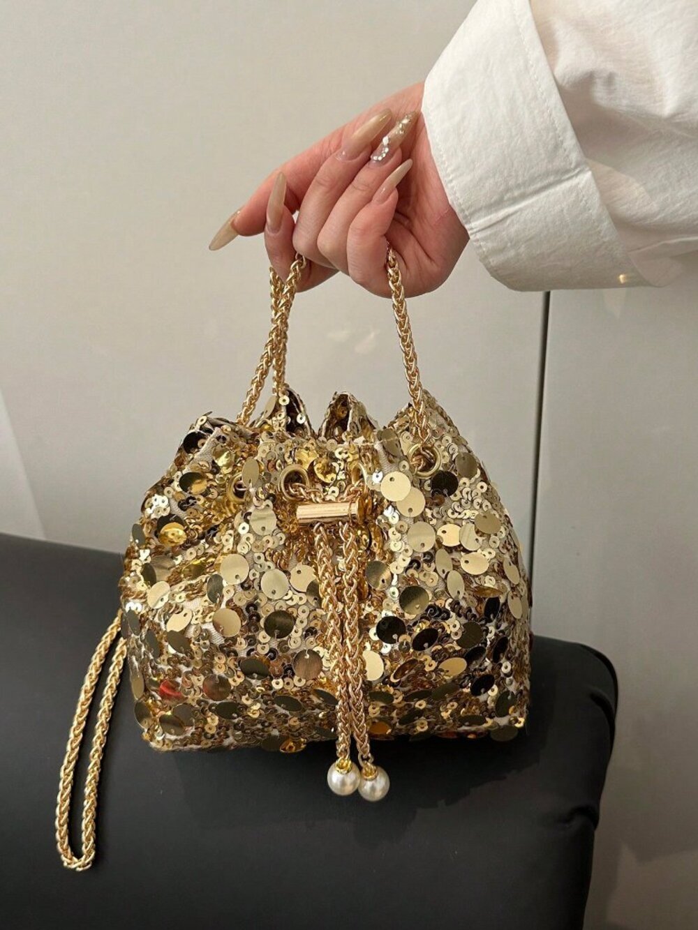 Gold Glamorous Women's Sequin Faux Pearl Decor Bucket Shoulder Crossbody Bag